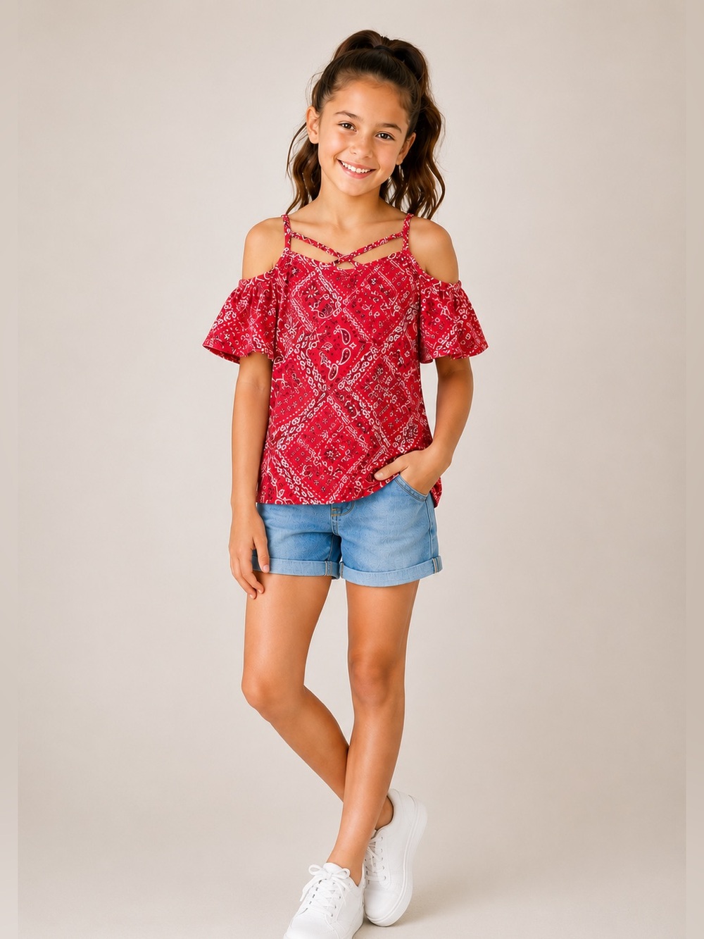 The Children's Place Red Bandana Cold Shoulder Top